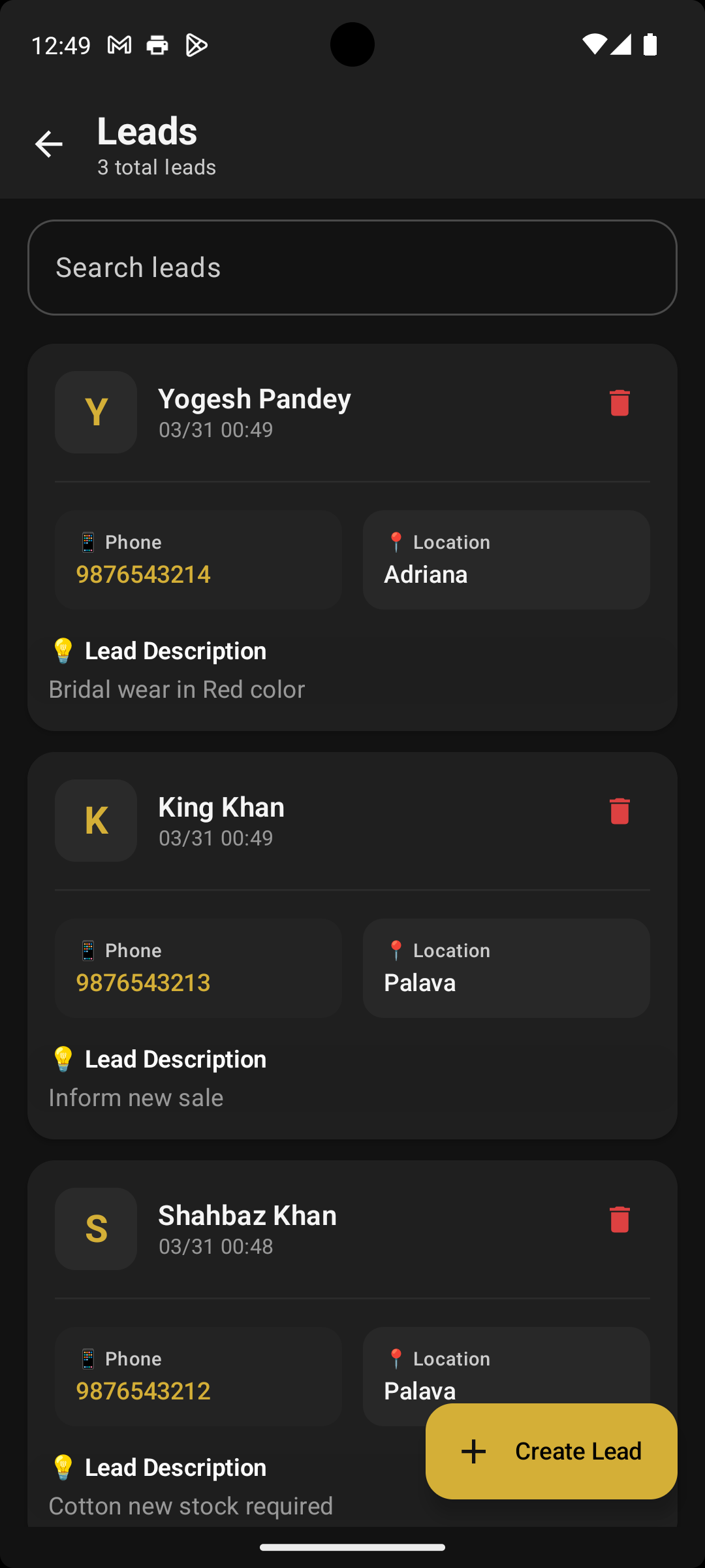 Leads list with customer details, location, and lead descriptions