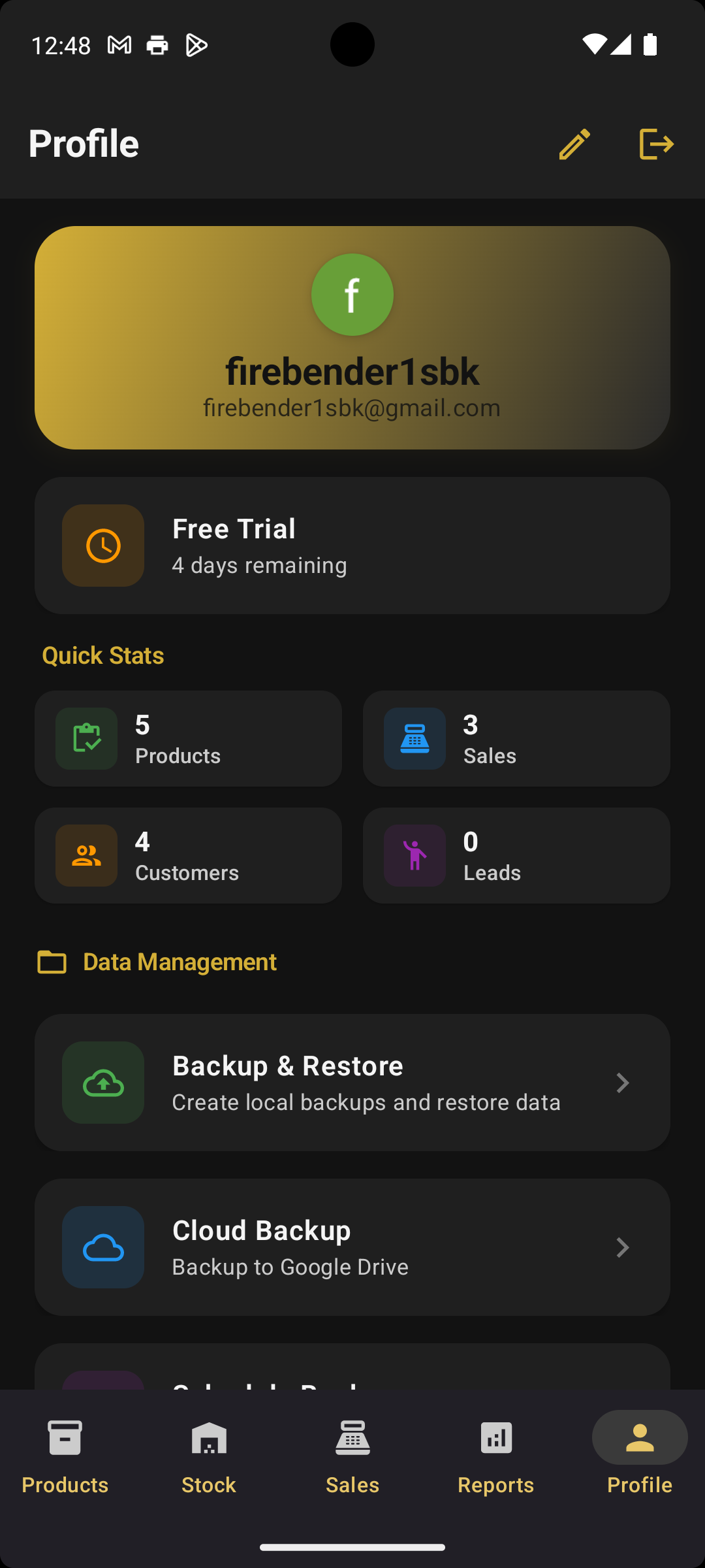 Profile screen with trial status, quick stats, and data management tools