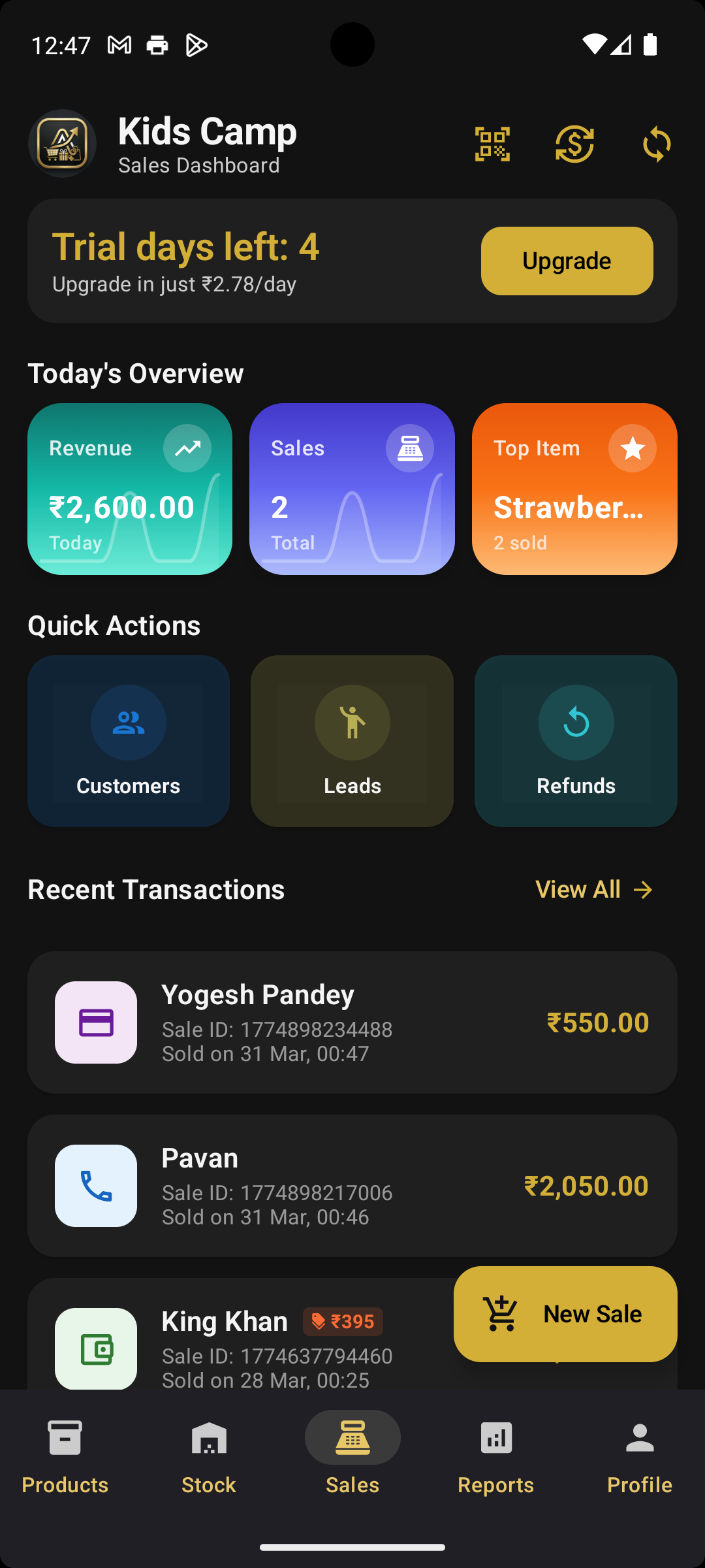 Sales dashboard with overview cards and recent transactions